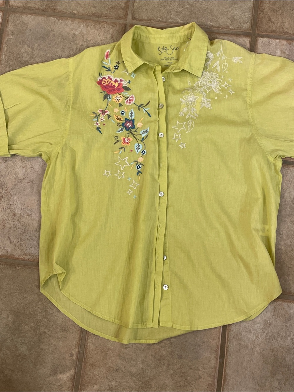 Kyla Seo Lime Green Embroidered lady’s'Button-Up Shirt large